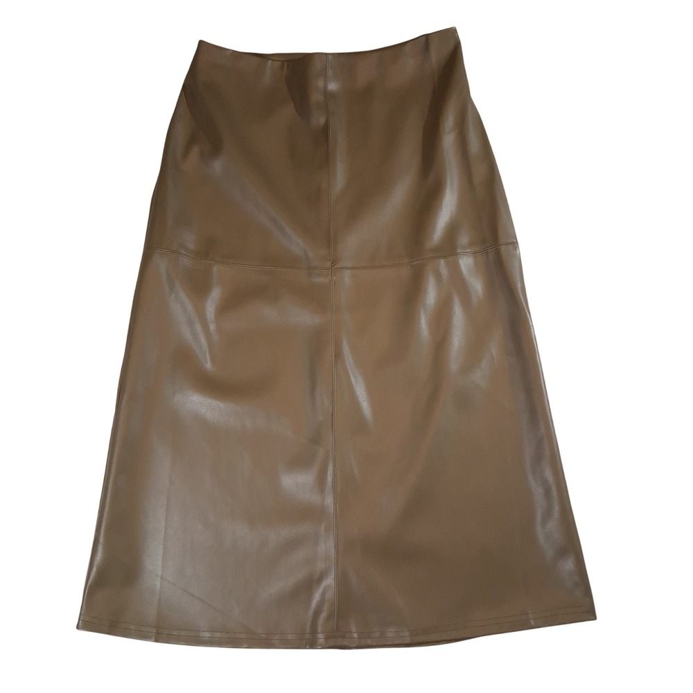 Soho Apparel Faux Leather Midi Skirt Olive Brown A-Line High Waist LG Pleather